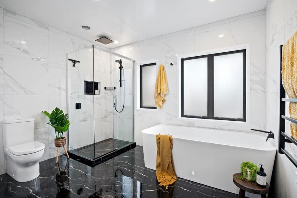A New bathroom fearing black tap wear and fittings installed by Magenta Pluming and Gas